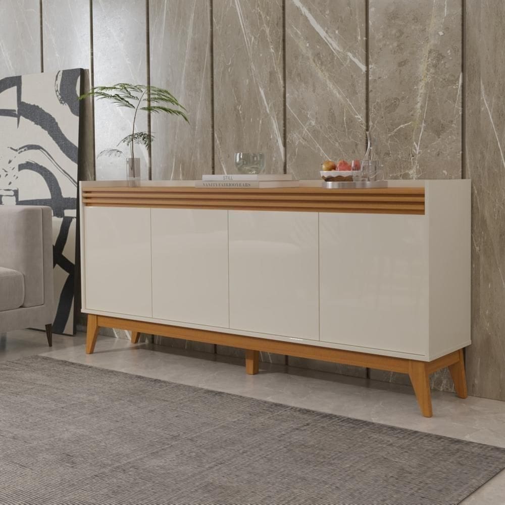 Buffet Aparador Ripado 4 Portas Com Pés De MDF Astúrias 180cm Off White Cedro