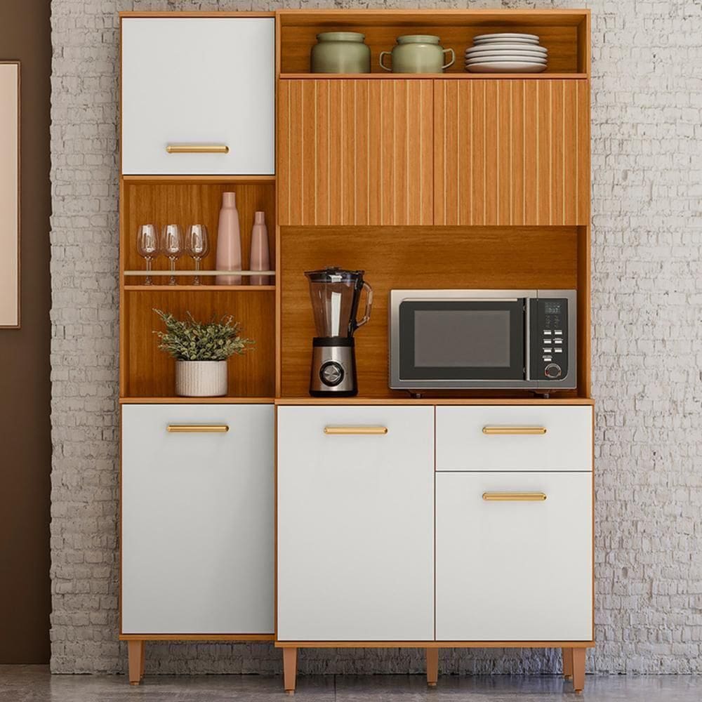 Cozinha Compacta 6 Portas 1 Gaveta 137 Cm Joly Freijó Off White Ripado Pln