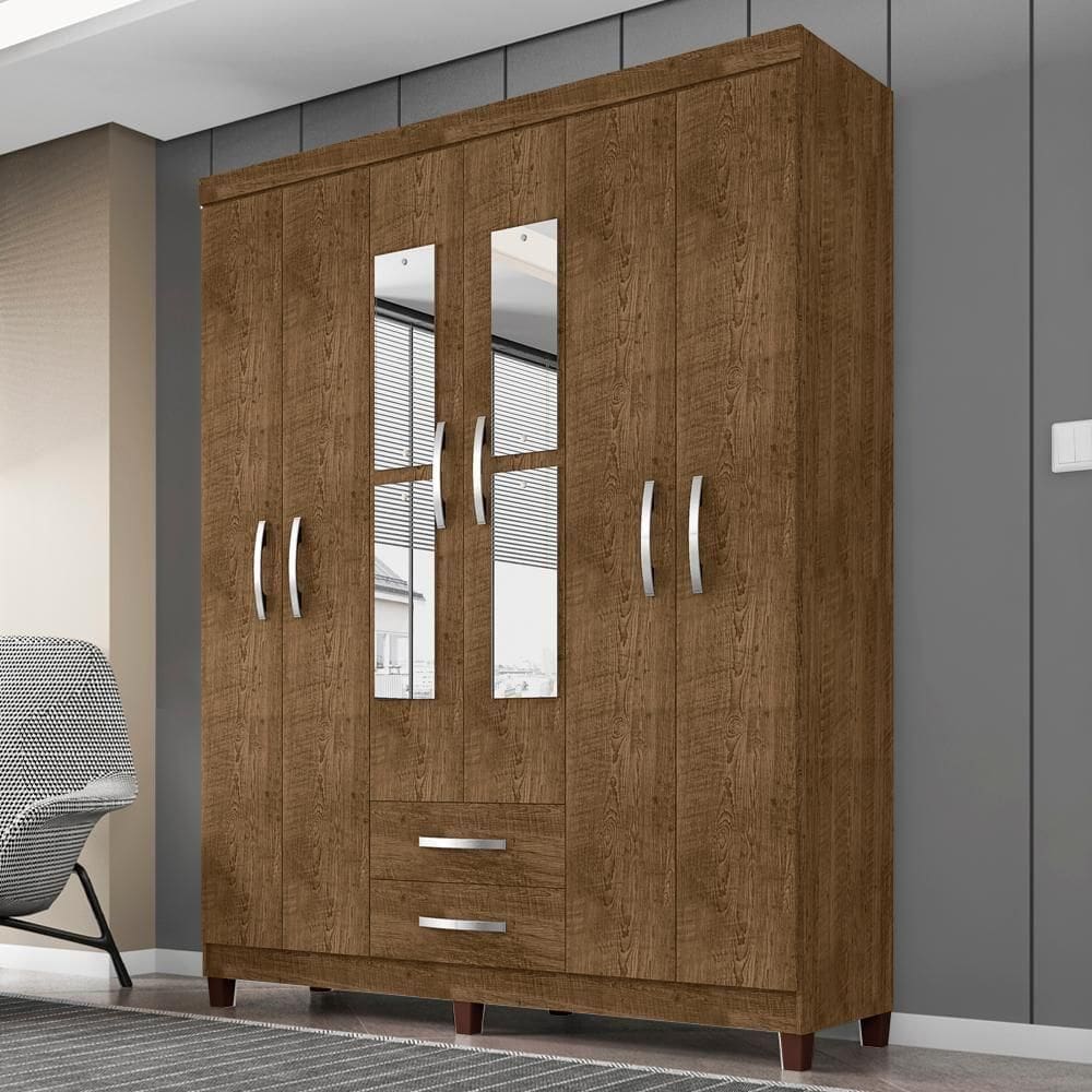 Guarda Roupa Casal Espelho 6 Portas 2 Gavetas Moden 150 Cm Malbec Incp