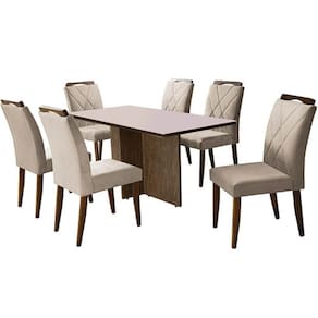 Mesa de Jantar Los Angeles 160x80cm em Linho com 6 Cadeiras California Minas Plac Cor Canela Off White com Tecido Bege