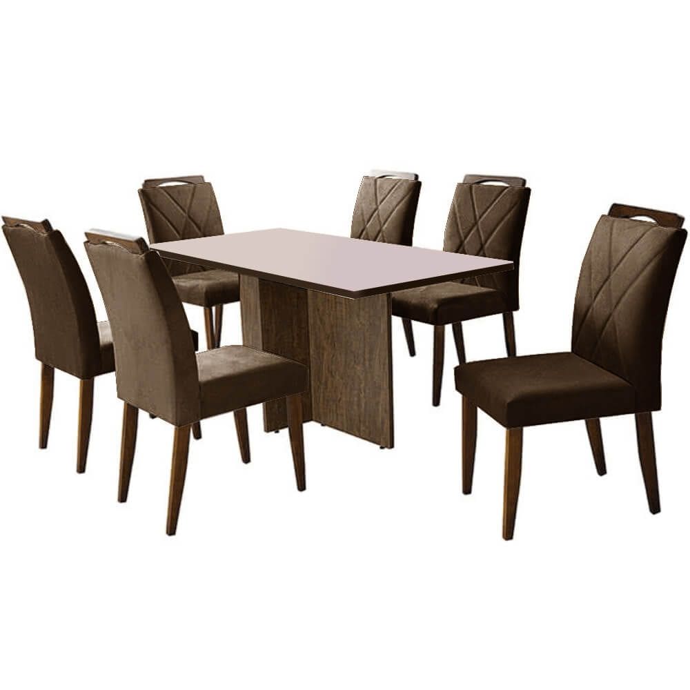 Mesa de Jantar Los Angeles 160x80cm em Veludo com 6 Cadeiras California Minas Plac Cor Canela Off White com Tecido Marro