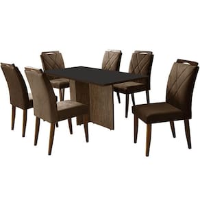 Mesa de Jantar Los Angeles 160x80cm em Veludo com 6 Cadeiras California Minas Plac Cor Canela Grafite com Tecido Marrom