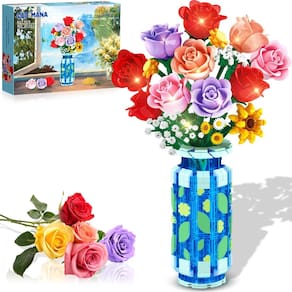 Conjunto de construção CUBIMANA Roses Flowers com vaso e luz LED
