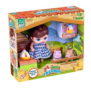 Boneca Mini Fazenda Com 3 Animais Galinha Porco E Cavalo