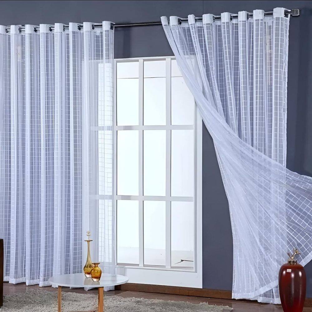 Cortina Transparente Voil Xadrez Branco 4,00X2,80 Sala