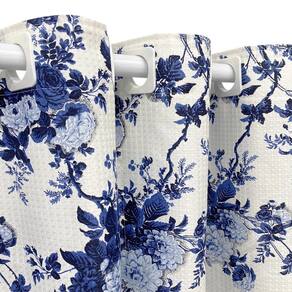Cortina Piquet Floral Azul 6,00X2,50 Porta Balcão