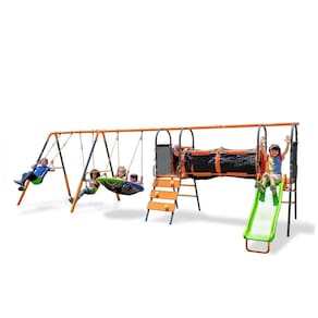 Balanço Jungle Warrior Anaconda Metal Swing Set com Balanço Redondo 114 cm, 2 Balanços de Tecido, Parede de Escalada e Escorregador de 1,5