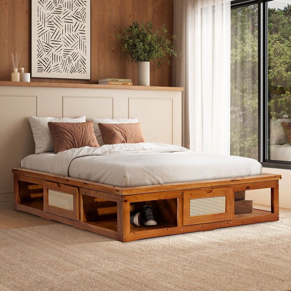Cama Queen Madeira Maciça 3 Gavetas Castanho Claro