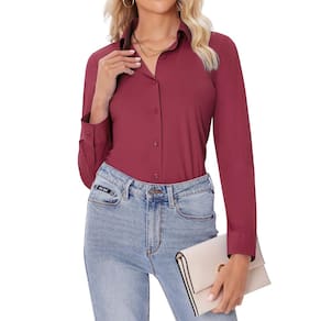 Camisas de botão para mulheres Siliteelon Slim Fit Burgundy 3X