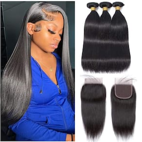 Pacotes de cabelo + Fecho Feibin Straight 30 35 40+40cm Brazili