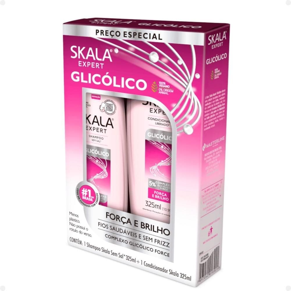 Kit Skala Glicólico Força e Brilho: Shampoo Sem Sal e Condicionador 325ml