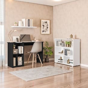 Conjunto com 1 Mesa Escrivaninha 3 Nichos Veneta e 1 Estante Multiuso 5 Nichos Cairo Preto/Branco