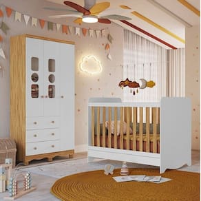 Quarto de Bebê Guarda-roupas 3 Portas Janeladas e Berço Minicama 100% Mdf Gael Espresso Móveis Branco Brilho/Amêndoa
