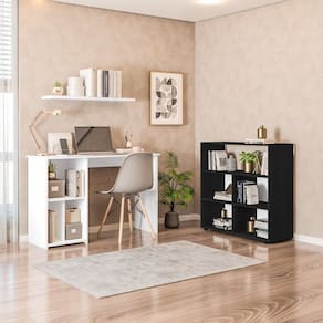 Conjunto com 1 Mesa Escrivaninha 3 Nichos Veneta e 1 Estante Multiuso 5 Nichos Cairo Branco/Preto