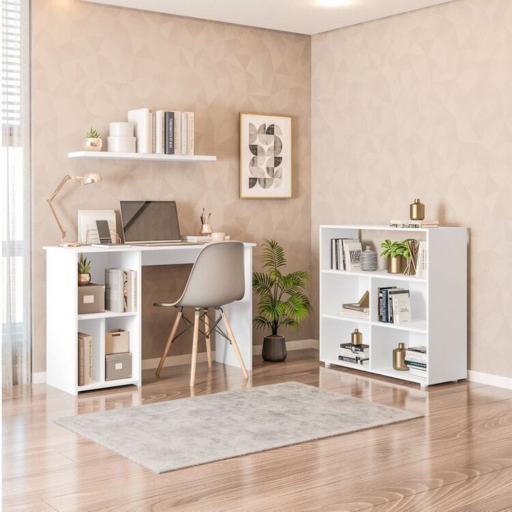 Conjunto com 1 Mesa Escrivaninha 3 Nichos Veneta e 1 Estante Multiuso 5 Nichos Cairo Branco