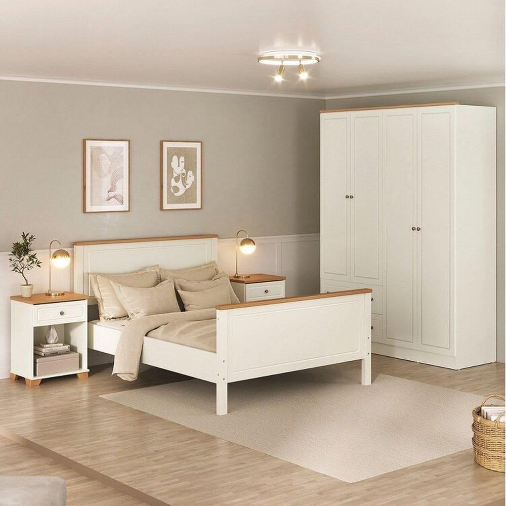 Conjunto Cama Casal, Guarda-Roupa 4 Portas 2 Mesas de Cabeceira Ananda CabeCasa MadeiraMadeira Off White/Mel