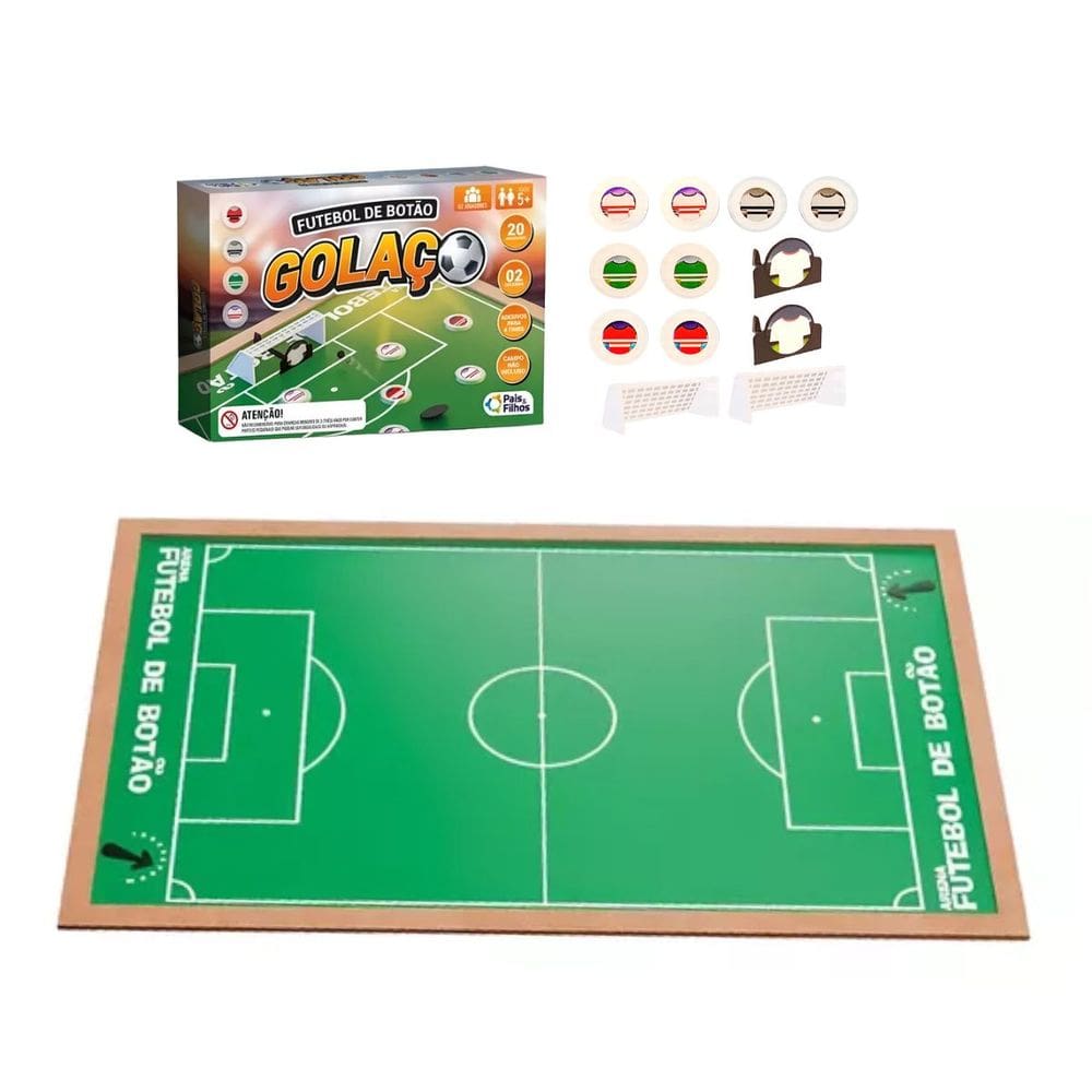 Kit Futebol de Botão Golaço Clássico Arena Campo +5 Anos Jogadores Traves Goleiro Pais e Filhos