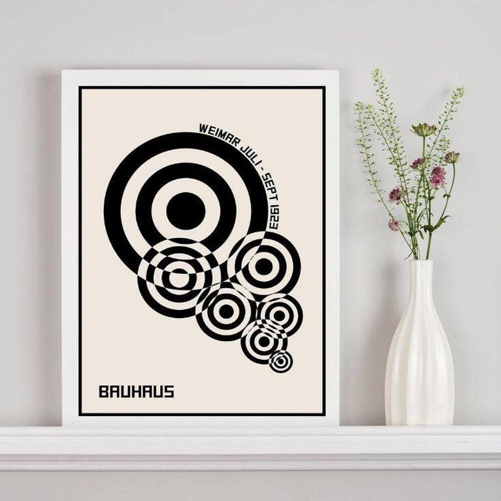 Quadro Bauhaus Círculos Bege E Preto 45X34Cm