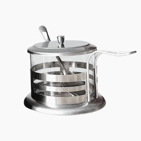 Açucareiro Em Vidro e Aco Inox 200ml com Tampa e Colher de Servir