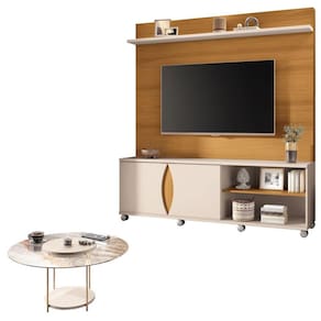 Estante Home Theater Luxor Cinamomo Off White e Mesa de Centro Sky com Tampo de vidro Off White- HB Móveis