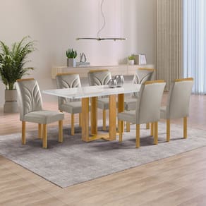Conjunto Mesa Isadora 170cmx90cm com 6 Cadeiras Tampo Smart Plus com Vidro Cinamomo/Off White/Bege Claro