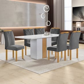 Conjunto Mesa Celeste 170cmx90cm com 6 Cadeiras Celeste Tampo Smart Plus com Vidro Off White/Cinamomo/Cinza