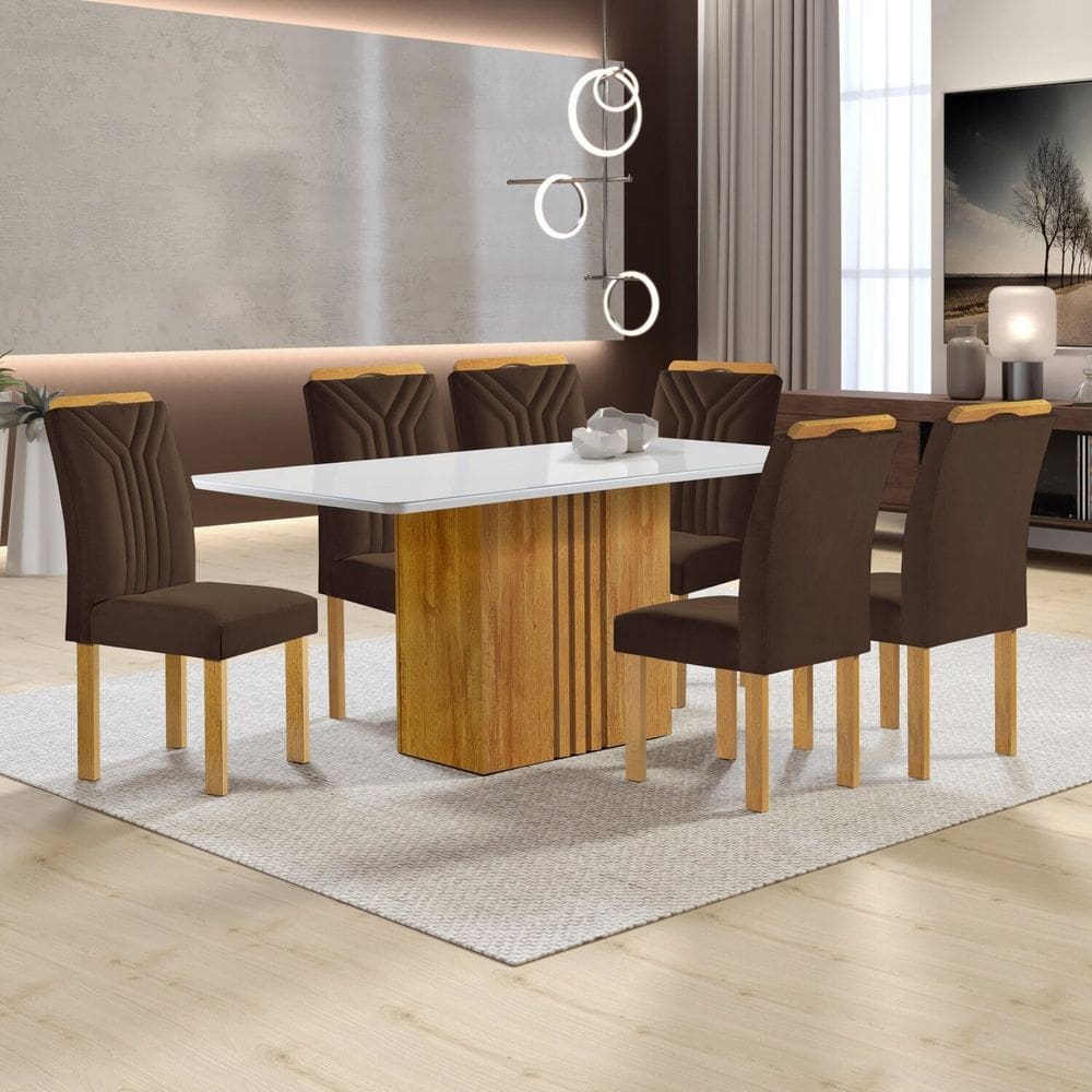 Conjunto Mesa Celeste 170cmx90cm com 6 Cadeiras Celeste Tampo Smart Plus com Vidro Cinamomo/Off White/Marrom