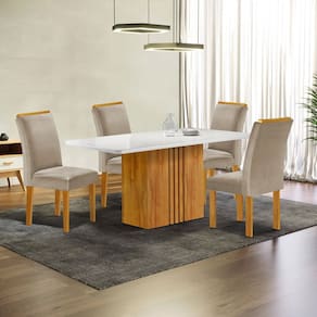 Conjunto Mesa Celeste 120cmx90cm com 4 Cadeiras Luisa Tampo Smart Plus com Vidro Cinamomo/Off White/Bege Claro