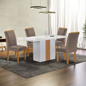 Conjunto Mesa Celeste 120cmx90cm com 4 Cadeiras Luisa Tampo Smart Plus com Vidro Off White/Cinamomo/Bege Escuro