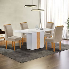 Conjunto Mesa Celeste 120cmx90cm com 4 Cadeiras Luisa Tampo Smart Plus com Vidro Off White/Cinamomo/Bege Claro
