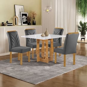 Conjunto Mesa Carolina 90cmx90cm com 4 Cadeiras Carolina Tampo Dakota Plus com Vidro Cinamomo/Off White/Cinza