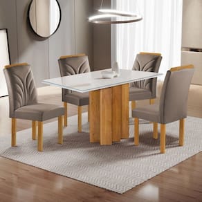Conjunto Mesa Lorena 120cmx80cm com 4 Cadeiras Carolina Tampo Dakota Plus com Vidro Cinamomo/Off White/Bege Escuro