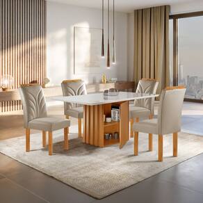 Conjunto Mesa Elis 120cmx90cm com 4 Cadeiras Carolina Tampo Slim Plus com Vidro Cinamomo/Off White/Bege Claro