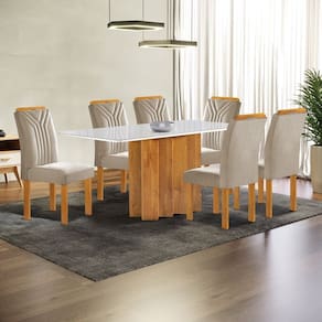 Conjunto Mesa Lorena 160cmx80cm com 6 Cadeiras Celeste Tampo Londres Cinamomo com Vidro Off White Cinamomo/Off White/Bege Claro