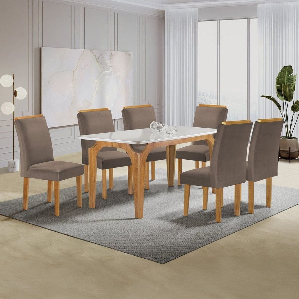Conjunto Mesa Melina 170cmx90cm com 6 Cadeiras Luisa Tampo Smart Plus com Vidro Cinamomo/Off White/Bege Escuro