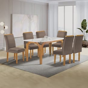 Conjunto Mesa Melina 170cmx90cm com 6 Cadeiras Luisa Tampo Smart Plus com Vidro Cinamomo/Off White/Bege Escuro