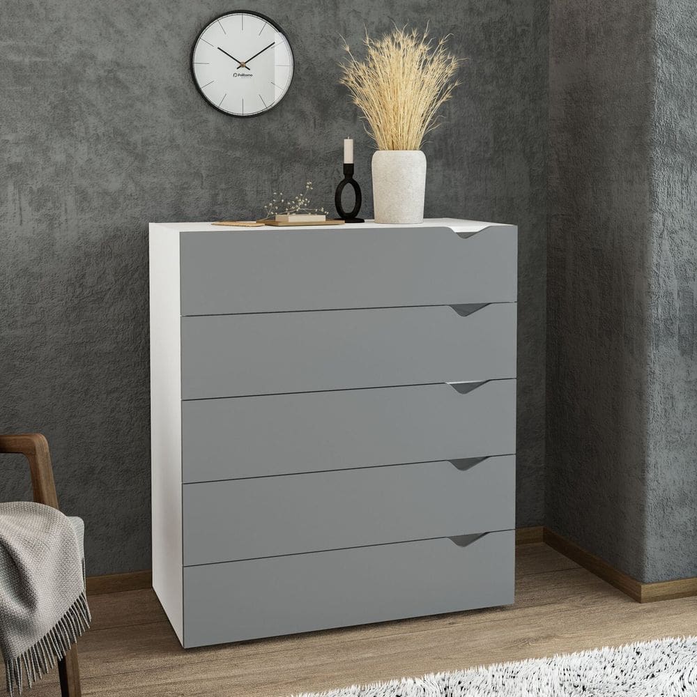Cômoda 5 Gavetas 104,2cm X 90cm Porto Branco/Cinza