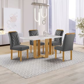 Conjunto Mesa Isadora 120cmx90cm com 4 Cadeiras Carolina Tampo Smart Plus com Vidro Cinamomo/Off White/Cinza