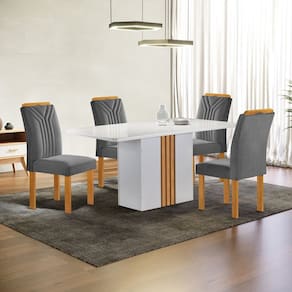Conjunto Mesa Celeste 120cmx90cm com 4 Cadeiras Celeste Tampo Smart Plus com Vidro Off White/Cinamomo/Cinza
