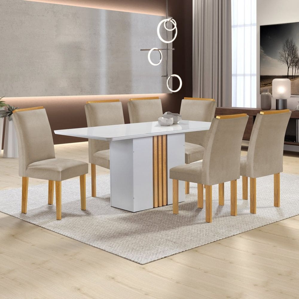 Conjunto Mesa Celeste 170cmx90cm com 6 Cadeiras Luisa Tampo Smart Plus com Vidro Off White/Cinamomo/Bege Claro