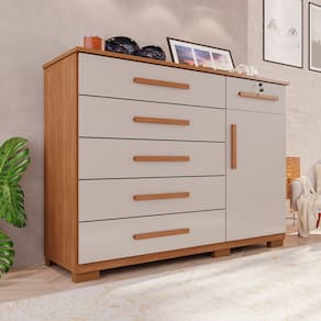 Cômoda para Quarto 1 Portas 6 Gavetas Jade Expresso Móveis Cinamomo / Off White