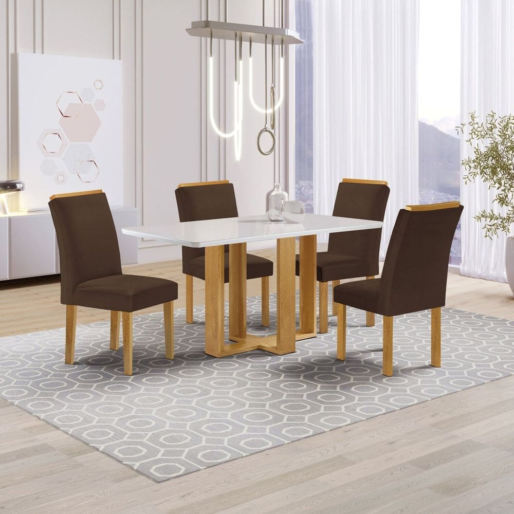 Conjunto Mesa Isadora 120cmx90cm com 4 Cadeiras Luisa Tampo Smart Plus com Vidro Cinamomo/Off White/Marrom
