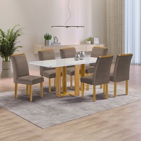 Conjunto Mesa Isadora 170cmx90cm com 6 Cadeiras Luisa Tampo Smart Plus com Vidro Cinamomo/Off White/Bege Escuro
