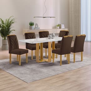 Conjunto Mesa Isadora 170cmx90cm com 6 Cadeiras Carolina Tampo Smart Plus com Vidro Cinamomo/Off White/Marrom