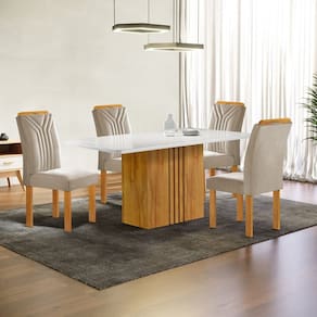 Conjunto Mesa Celeste 120cm X 90cm com 4 Cadeiras Celeste Tampo Smart Plus com Vidro Cinamomo/Off White/Bege Claro