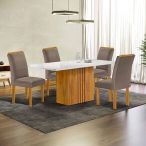 Conjunto Mesa Celeste 120cmx90cm com 4 Cadeiras Luisa Tampo Smart Plus com Vidro Cinamomo/Off White/Bege Escuro