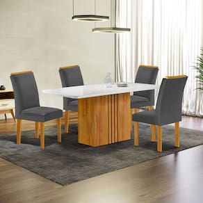 Conjunto Mesa Celeste 120cmx90cm com 4 Cadeiras Luisa Tampo Smart Plus com Vidro Cinamomo/Off White/Cinza