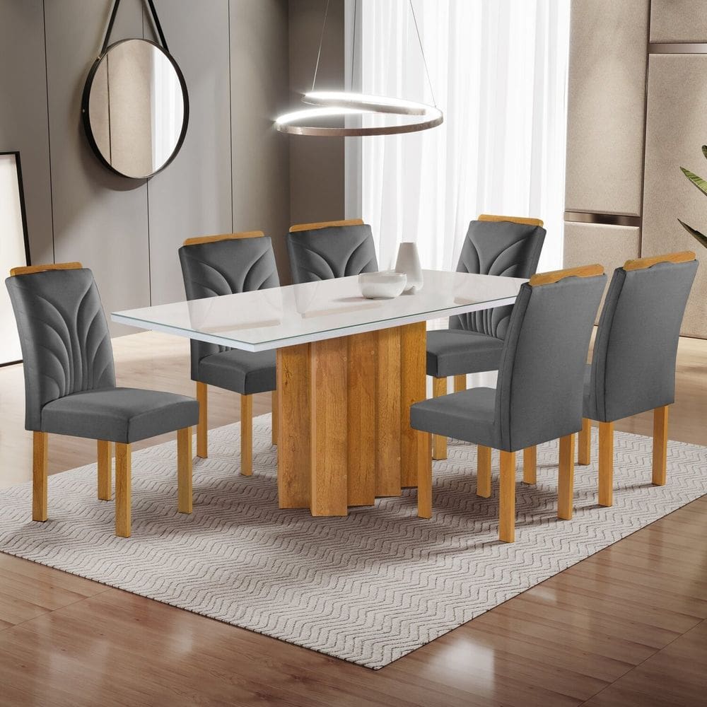 Conjunto Mesa Lorena 160cmx80cm com 6 Cadeiras Carolina Tampo Dakota Plus com Vidro Off White Cinamomo/Off White/Cinza