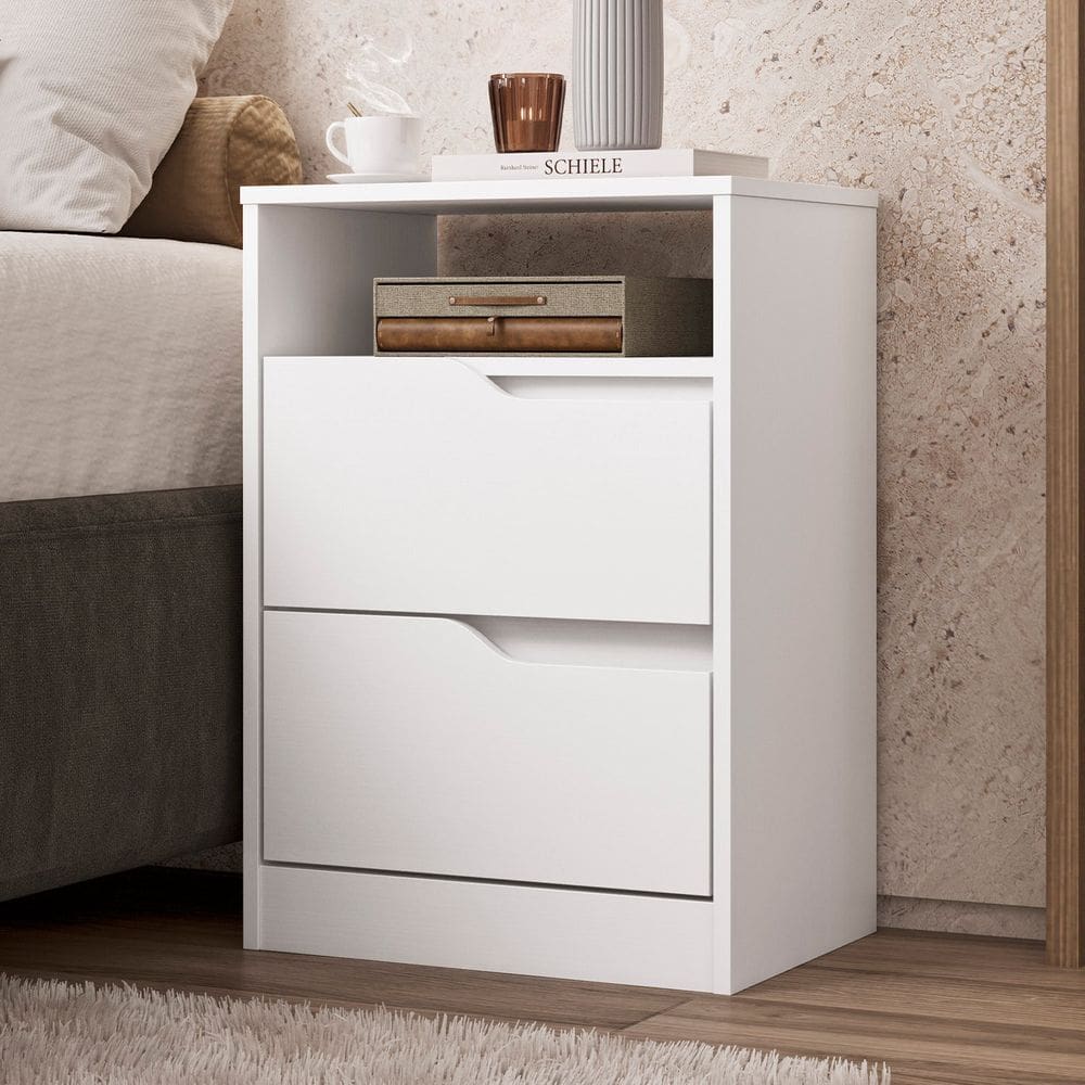 Mesa de Cabeceira 2 Gavetas sem Pés Doble Branco / Freijó