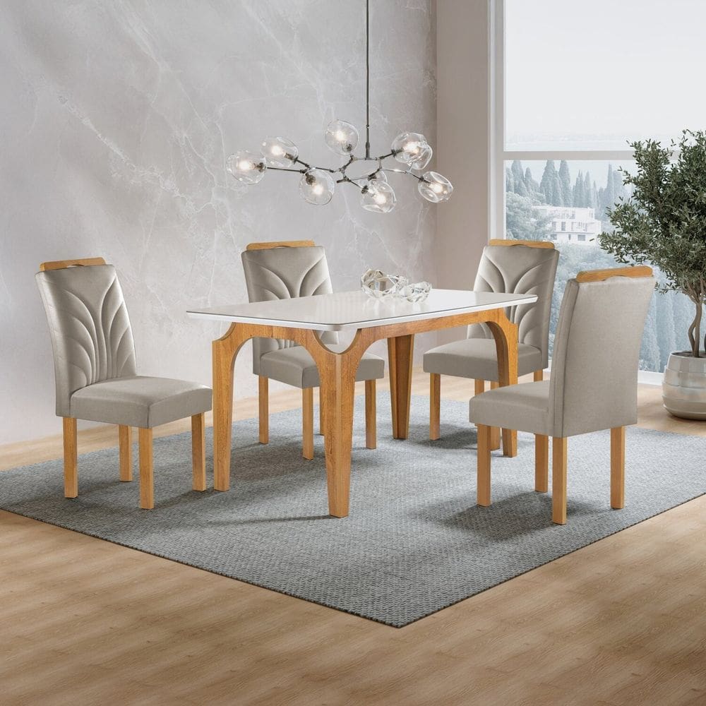 Conjunto Mesa Melina 120cmx90cm com 4 Cadeiras Carolina Tampo Smart Plus com Vidro Cinamomo/Off White/Bege Claro